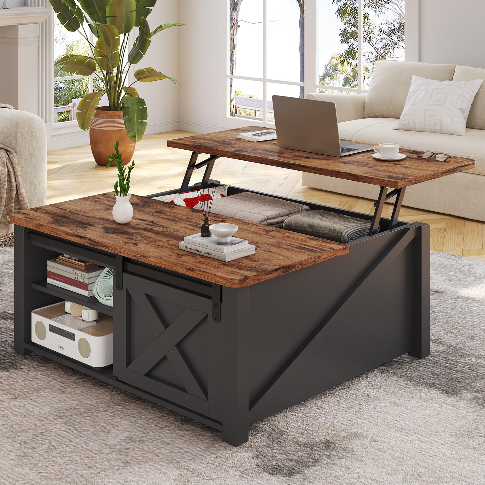 SEDETA 31.5" Lift Top Coffee Table with Storage, Square Coffee Table for Living Room, Farmhouse Coffee Table with Large Hidden Storage Compartment and Adjustable Shelves, Black - WoodArtSupply