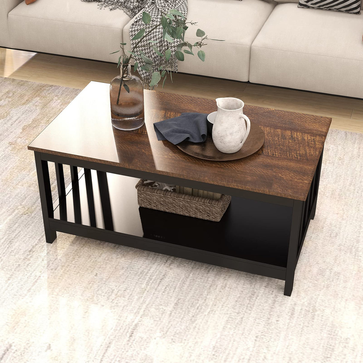 ChooChoo Farmhouse Coffee Table, Black Living Room Table with Shelf, 40 Inch ChooChoo