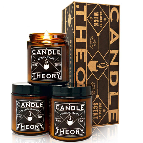 Scented Candle Gift Set of 3, 4oz Candles, Crackling Wood Wick Candled for Home, 3 Scents Cuban Cigar, Spanish Leather, Crackling Hearth, Mens Candle Bachelor Pad Decor Man Cave Decor CANDLETHEORY