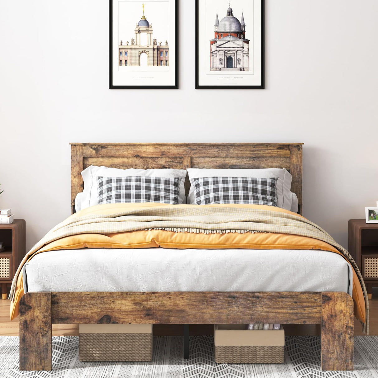 GJQN King Size Bed Frame with Headboard, Rustic Wood Platform Bed Frame with 12 Wooden Slats Support, No Box Spring Needed GJQN