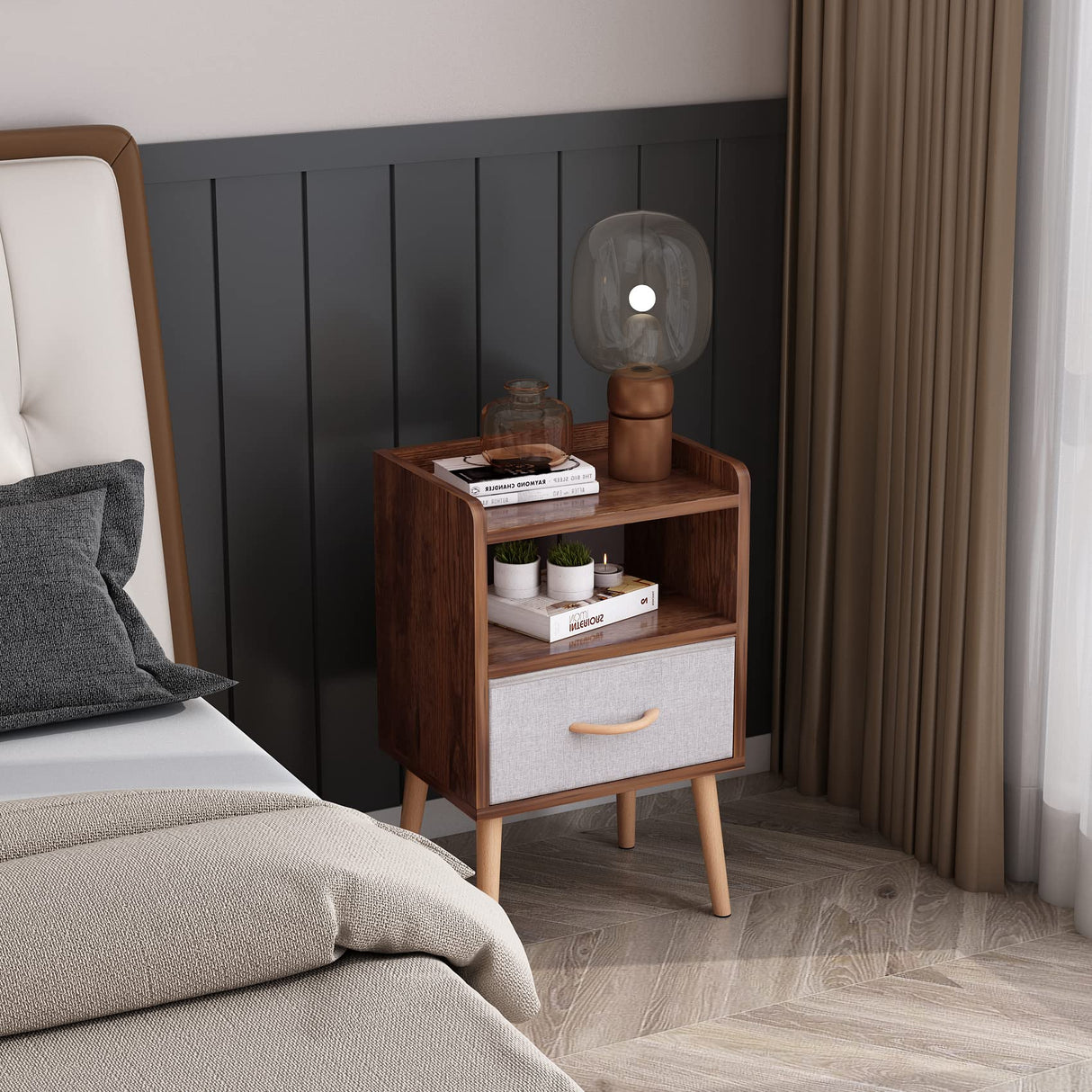 LUCKNOCK NightStand with Fabric Drawer, Bedside Table with Solid Wood Legs, Minimalist and Practical End Side Table with Open Storage Shelf for Bedroom, Rustic Brown. LUCKNOCK