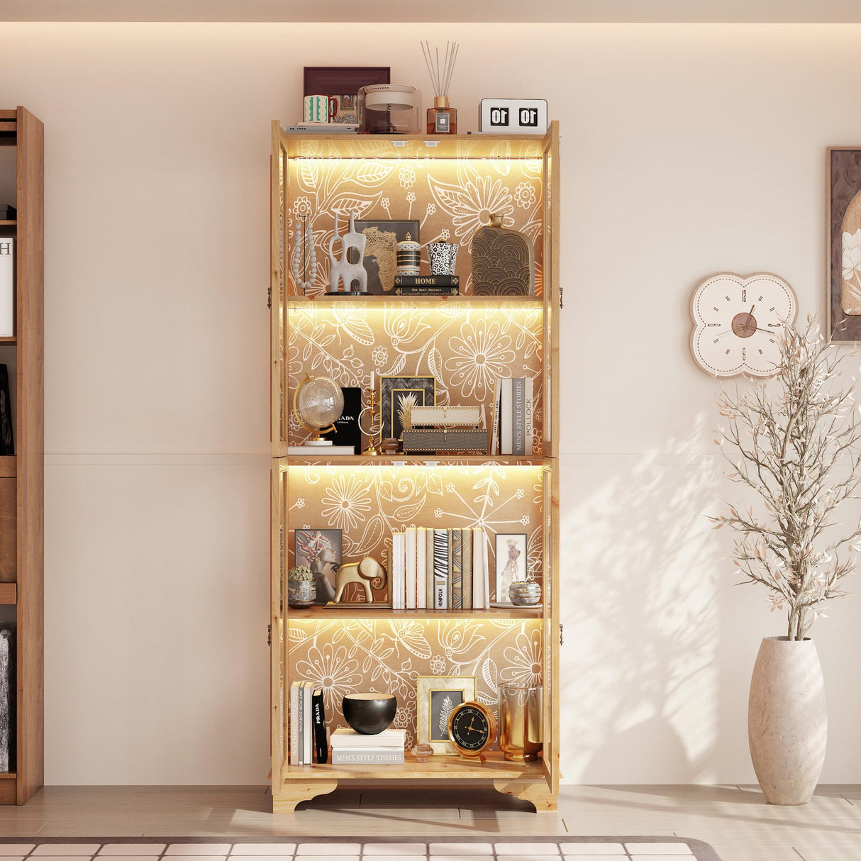 WOODTIME 74.2" H Display Storage Cabinet with 3-Color Lights, Glass Doors & Solid Wood Frame, Curio Cabinet Bookcase Bookshelf with Patterned Backpanel for Living Room Home Office, Light Brown WOODTIME