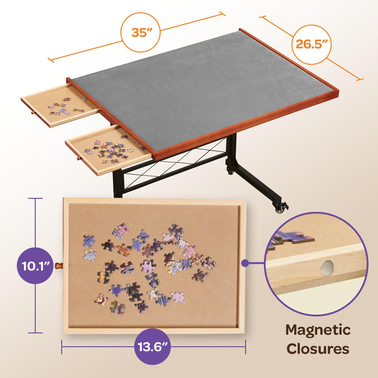JoyBerri Jigsaw Puzzle Table/Rolling Puzzle Desk - 1500 Piece Puzzle Board with Bonus Puzzle/Portable Jigsaw Puzzle Tables with Drawers and Legs - Height Adjustable for Adults and Kids JOYBERRI