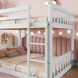 Twin Over Twin Floor Bunk Bed, Wooden Twin Loft Bed Frame with Climbing Ramp and Ladder, Heavy Duty Low Bunk Bed with Guardrail, Modern Twin Floor Bed for Teens and Adults, Space Saving, White Ziraukon