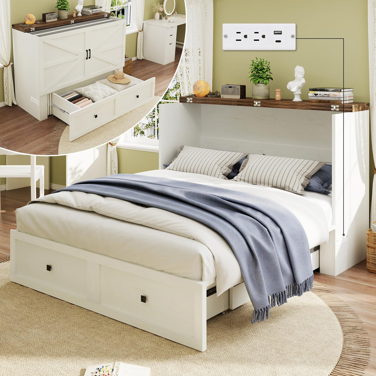 LUXOAK Full Size Murphy Bed with Charging Station, Cabinet Bed with Large Storage Drawer for Home Office or Small Room, Full Foldable Platform Bed, White LUXOAK