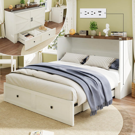 LUXOAK Full Size Murphy Bed with Charging Station, Cabinet Bed with Large Storage Drawer for Home Office or Small Room, Full Foldable Platform Bed, White LUXOAK