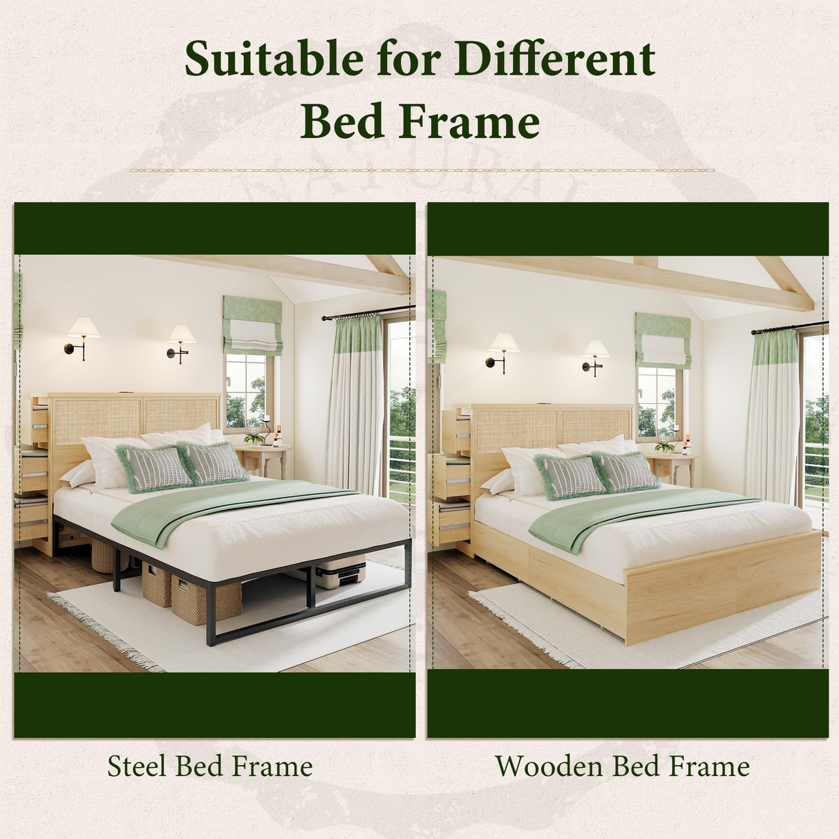 Yechen 48" Natural Rattan Headboard Queen Size with 6 Storage Drawers and Charging Station, Tall Light Wood Boho Queen Headboard Only, Freestanding Wicker Sturdy Frame Wall Headboards, Natural Yechen