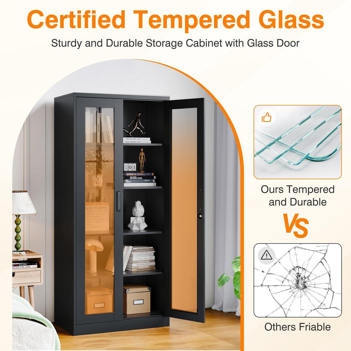 LISSIMO Glass Display Cabinet with 4 Adjustable Shelves, 71" Tall Curio Cabine with Tempered Glass Door, Liquor Cabinet with Lock, 5-Tier Bookcase Storage Cabinet for Home, Study, Living Room (Black) LISSIMO