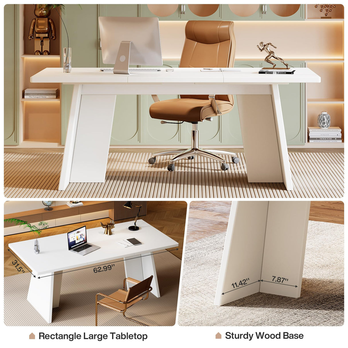 Tribesigns White Executive Desk, 63" Large Office Computer Conference Meeting Table with Wooden Robust Pedestal, Simple Modern Workstation Business Furniture for Home Office Tribesigns