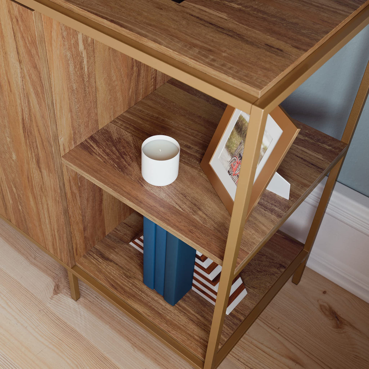 Sauder International Lux Modern Credenza, for TVs up to 65", Sindoori Mango Sauder