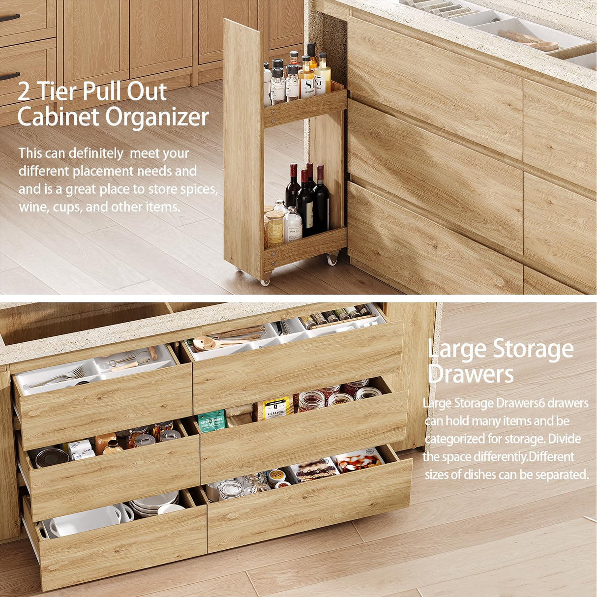 90.6"W Stationary Kitchen Island with Double-layer Countertop, Kitchen Island Storage Cabinet with Adjustable Shelves & 6 Drawers, Island table with Pull Out Spice Rack for kitchen , Dining Room UKAOCAI