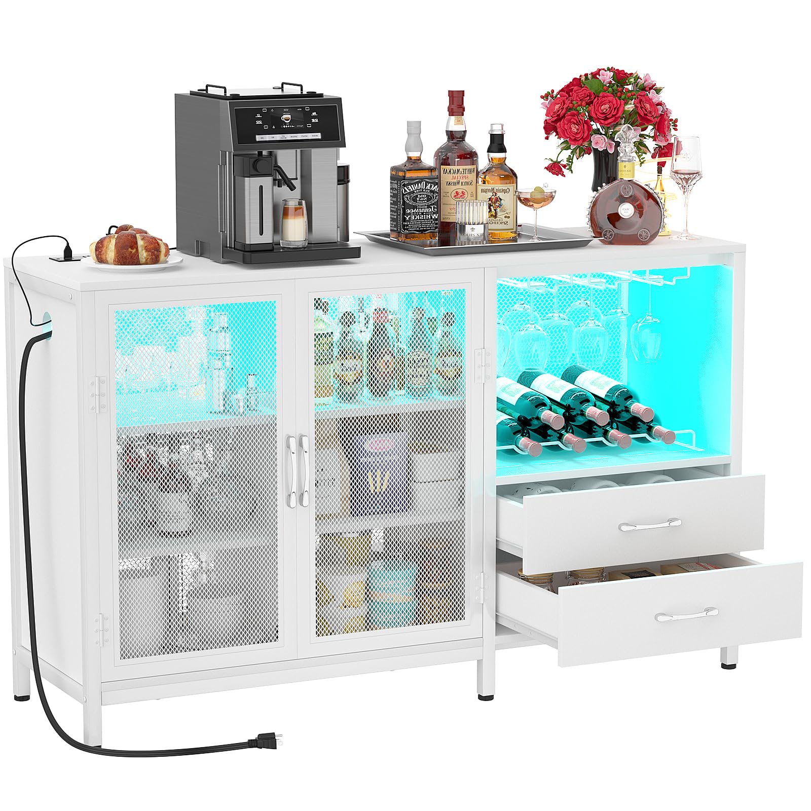 Cyclysio Multifunctional Wine Bar Cabinet with Charging Station, LED Lights and Ample Storage in White - WoodArtSupply