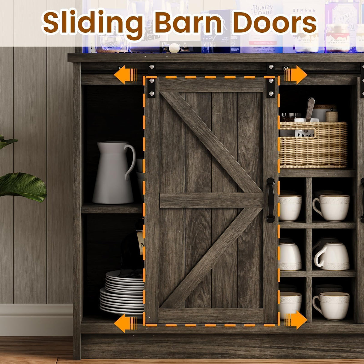 4ever2buy Farmhouse Coffee Bar with LED Lights, 47 inch Coffee Bar Cabinet with Storage, Wine Bar Cabinet with Glass & Wine Racks for Living, Dining Room, Grey 4ever2buy