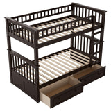 Linique Twin Over Twin Bunk Bed with 2 Drawers and Ladder,Multifunctional Wooden Bunk Bed with Full Length Guardlails and Ladder,Can be Separated into 2 Platform Beds,Espresso Linique