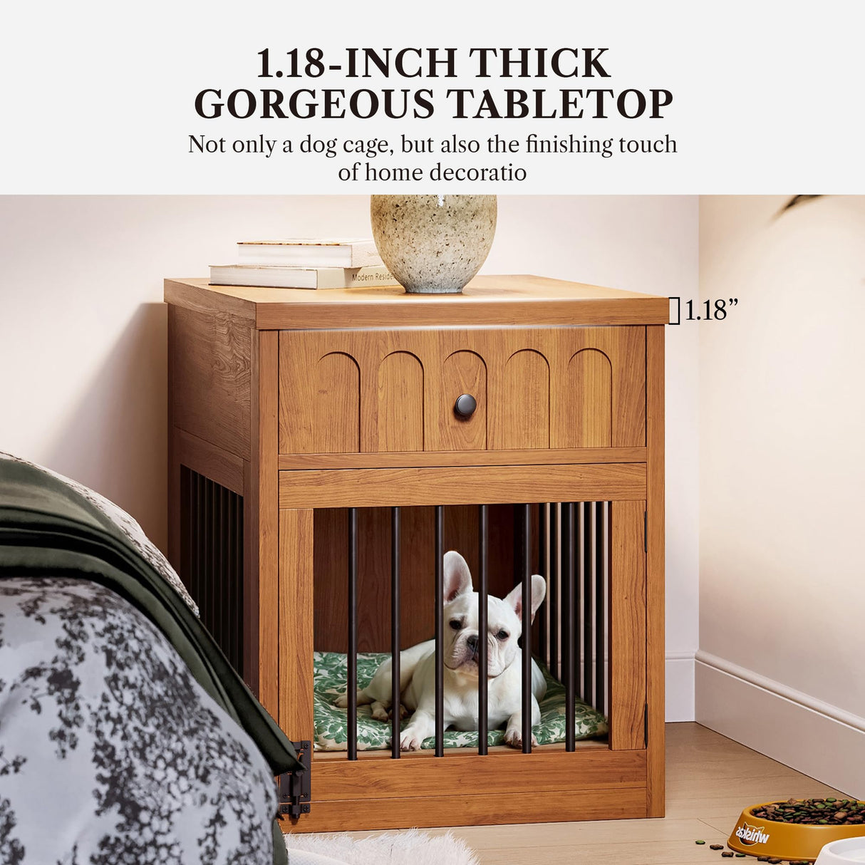 LIKEMET Dog Crate Furniture for Small Dogs, Wooden Dog Kennel with Drawer, Indoor Pet Crate End Table with 1.18-inch Tabletop, Decorative Pet Cage Dog House, Walnut LIKEMET