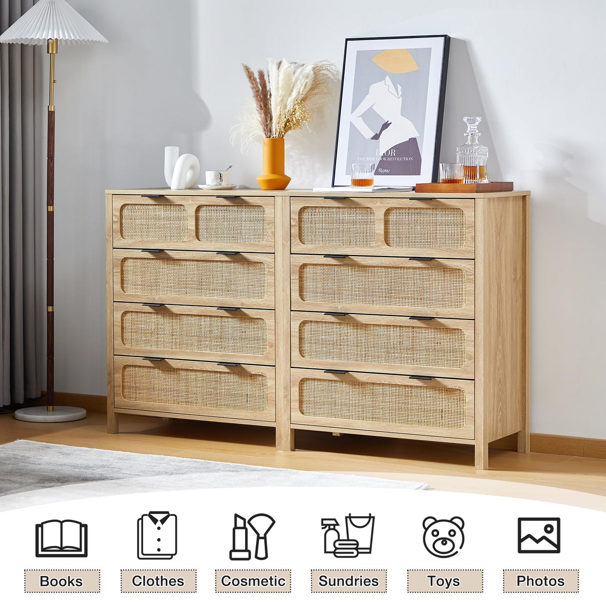QEIUZON 4 Drawer Dresser, Modern Rattan Dresser Chest with Wide Drawers and Metal Handles, Farmhouse Wood Storage Chest of Drawers for Bedroom, Living Room, Hallway, Entryway (Natural-2 Packs) QEIUZON