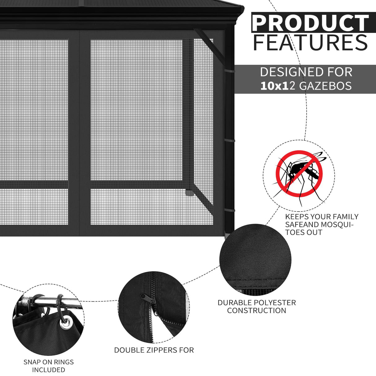 Gazebo Universal Replacement Mosquito Netting, 10' x 12' Outdoor Mesh Netting Screen 4-Panel Sidewall with Zipper for Patio Canopy Garden Porch Pergolas and Backyard, Black(Mosquito Net Only) aonear