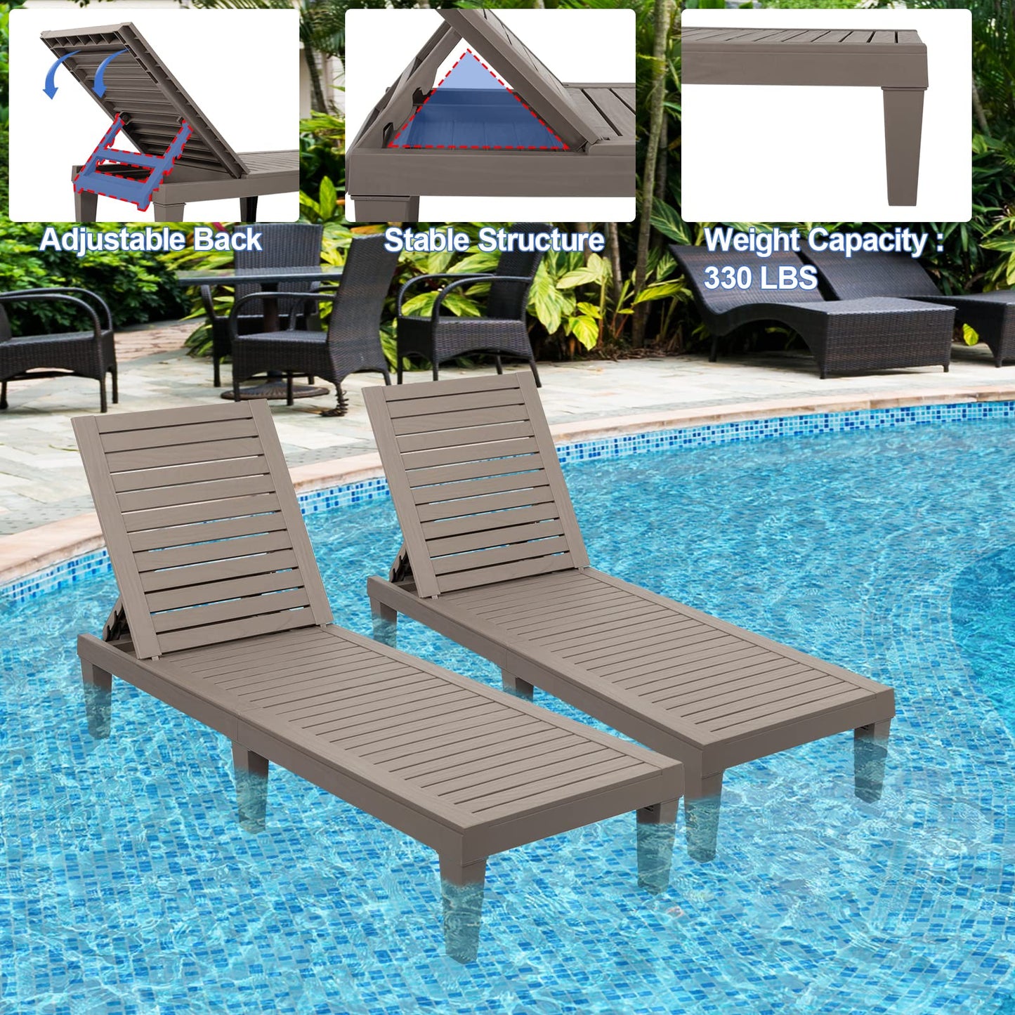 VINGLI Outdoor Chaise Lounge Chair with 5-Level Adjustable Backrest, Waterproof Outdoor Lounge Chairs 300lbs Weight Capacity, Patio Loungers Pool Lounger for Beach, Backyard, Pool (Light Taupe, 1 PCS)