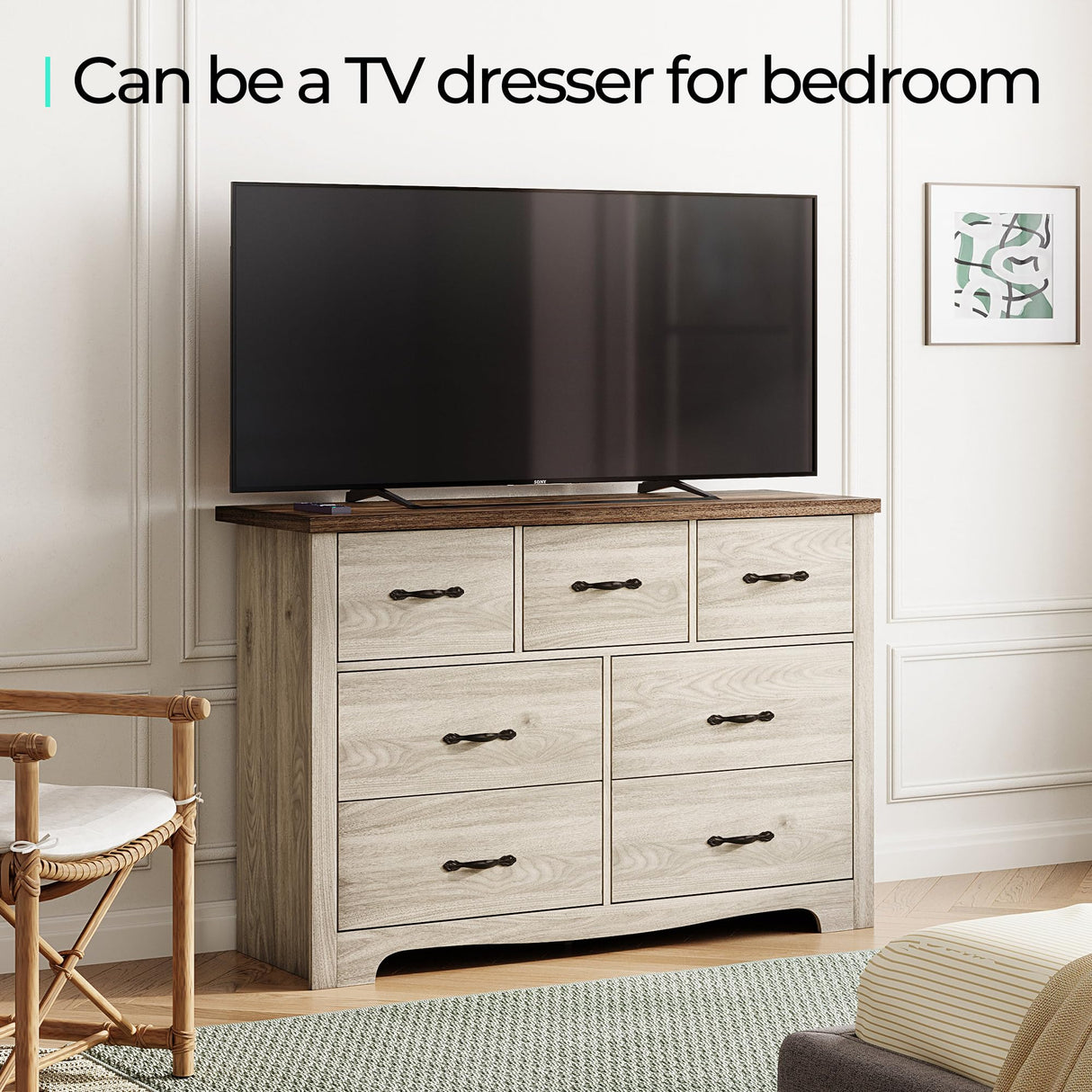 LINSY HOME 7 Drawer Double Dresser, SGS Certified Dresser for Bedroom, Farmhouse Dresser Chest with Wide Drawers, Wood Storage Chest of Drawers for Living Room LINSY HOME