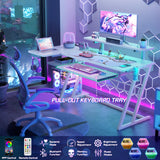 armocity L Shaped Gaming Desk with LED Lights and Outlets, White PC Gaming Desk with Monitor Stand and Shelves, Reversible Gaming Computer Desk with Keyboard Tray & Z-Shape Legs, 47" armocity