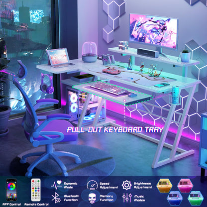 armocity L Shaped Gaming Desk with LED Lights and Outlets, White PC Gaming Desk with Monitor Stand and Shelves, Reversible Gaming Computer Desk with Keyboard Tray & Z-Shape Legs, 47" - WoodArtSupply