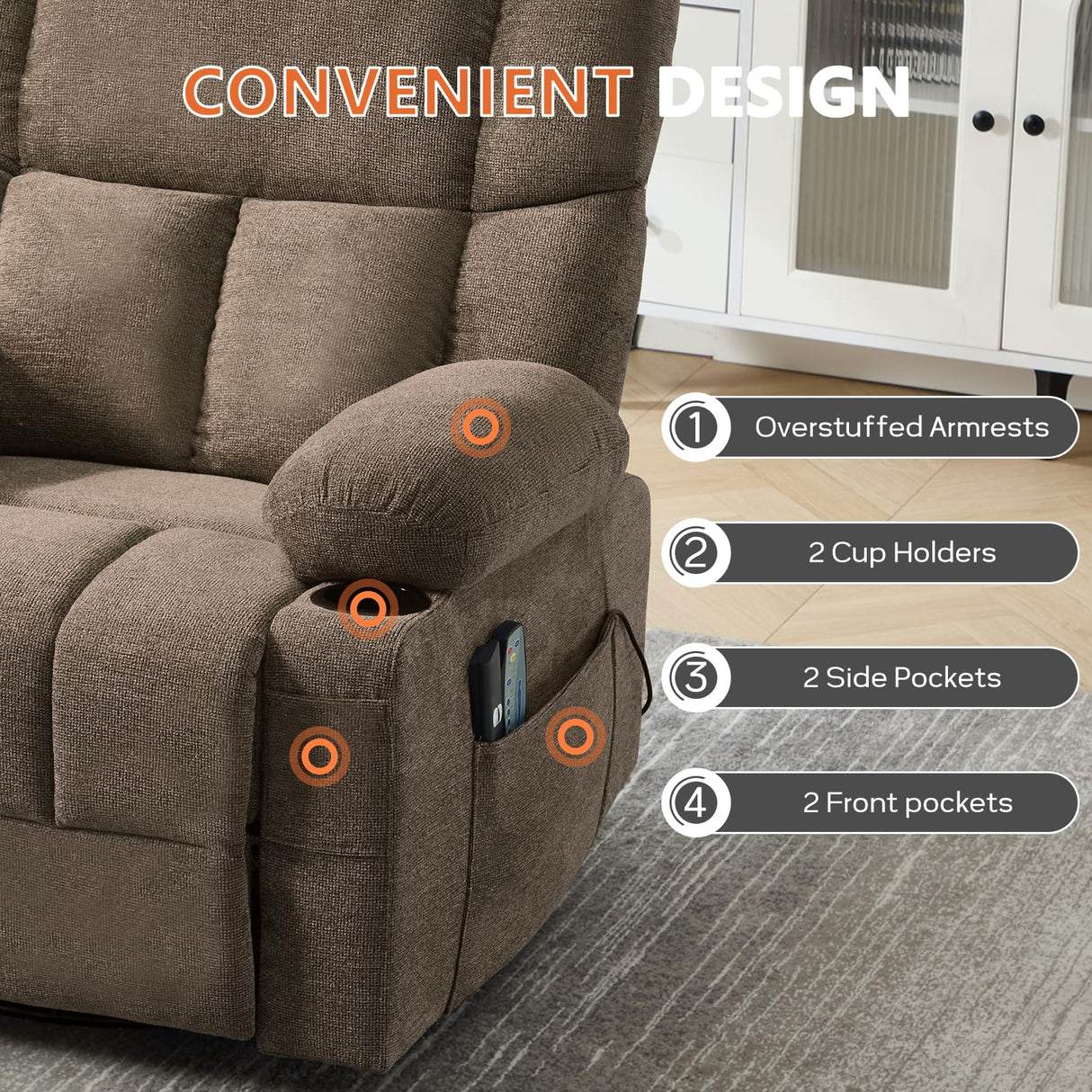 IOMOR Power Recliner Chair with Massage and Heating, 360° Swivel Rocker Glider Chair for Adults, Upholstered Fabric Reclining with Side Pockets and Cup Holder for Living Room, Nursery (1, Brown) IOMOR