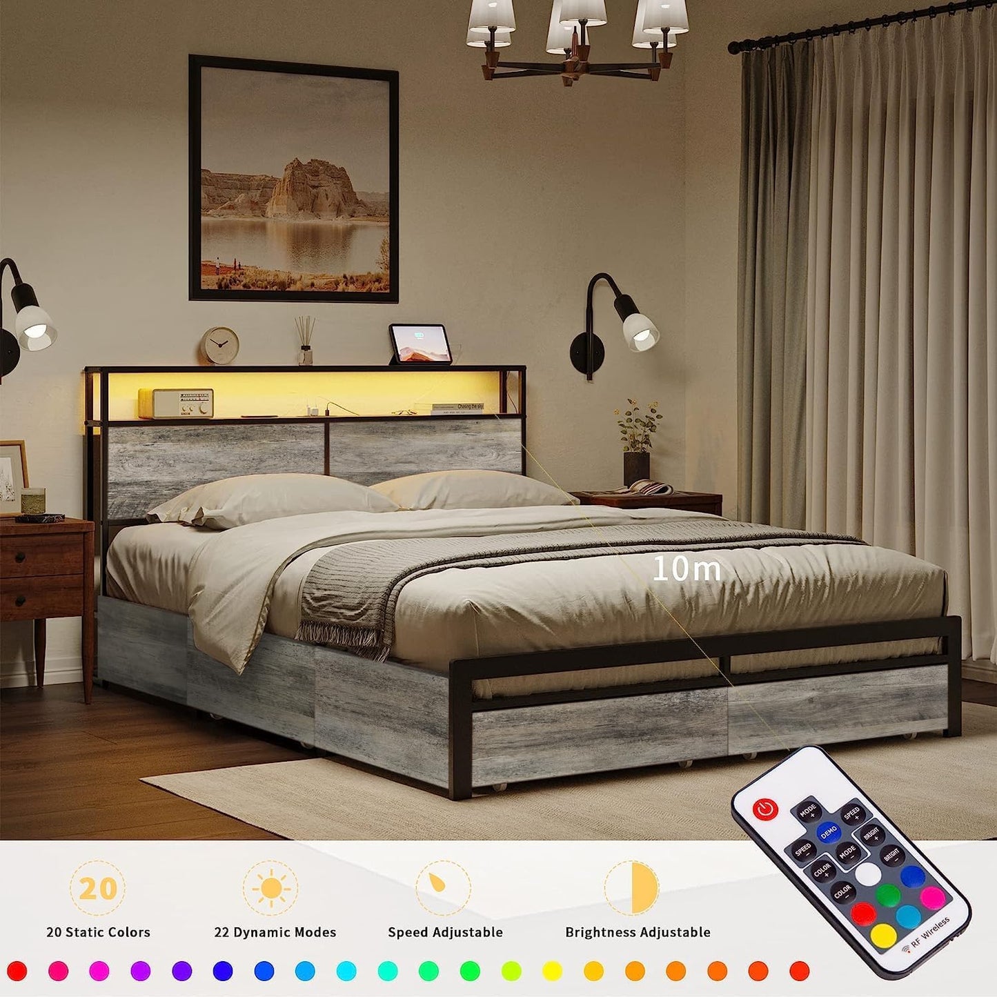 HAUSOURCE Full Size LED Bed Frame with Headboard, 4 Storage Drawers & Integrated USB Ports - WoodArtSupply