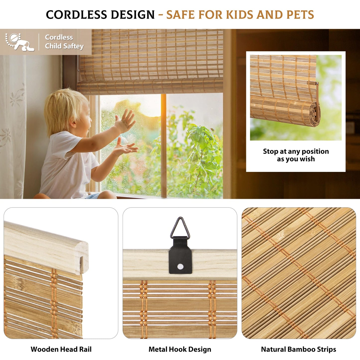 LazBlinds Cordless Bamboo Roll Up Shades - Light Filtering Blinds for Indoor/Outdoor Use, Squirrel, 31 1/5'' W x 72'' H