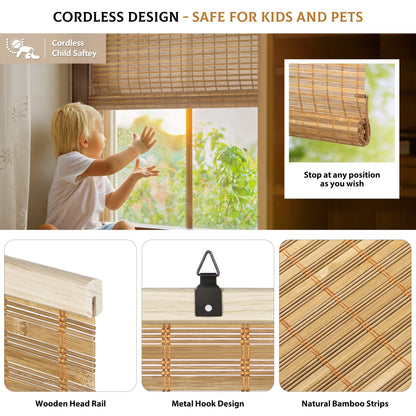 LazBlinds Cordless Bamboo Roll Up Shades - Light Filtering Blinds for Indoor/Outdoor Use, Squirrel, 31 1/5'' W x 72'' H