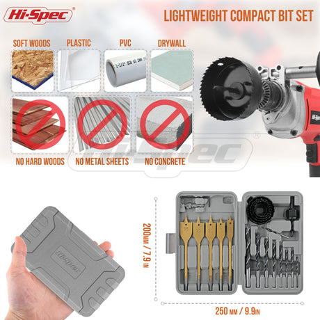 Hi-Spec 21pc Wood Hole Saws, Brad Points & Spade Drill Bit Set for Drill Drivers in a Compact Tool Kit Case Hi-Spec