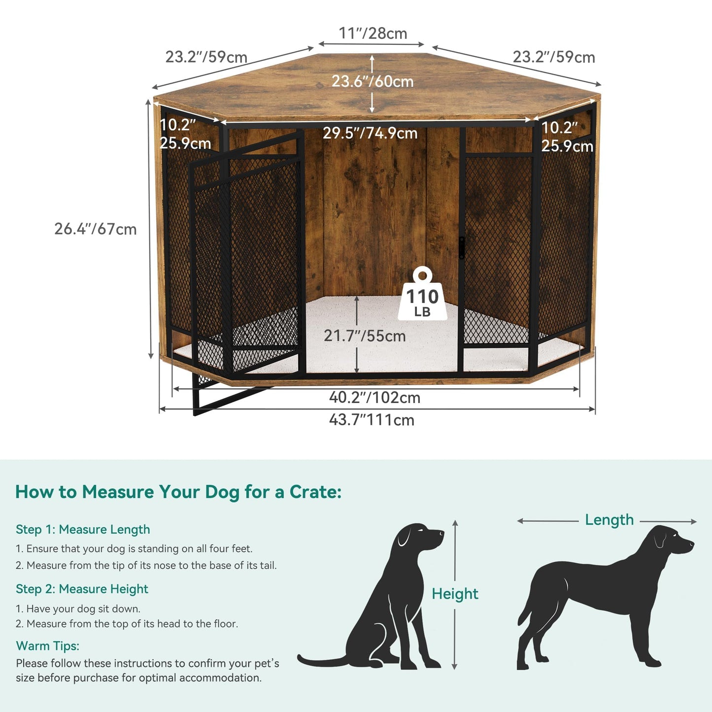 YITAHOME Corner Dog Crate Furniture, 43.7" Wooden Dog Kennel with Dog Cushion, Dog Kennel Corner Wooden End Table for Small Medium Dogs, Brown