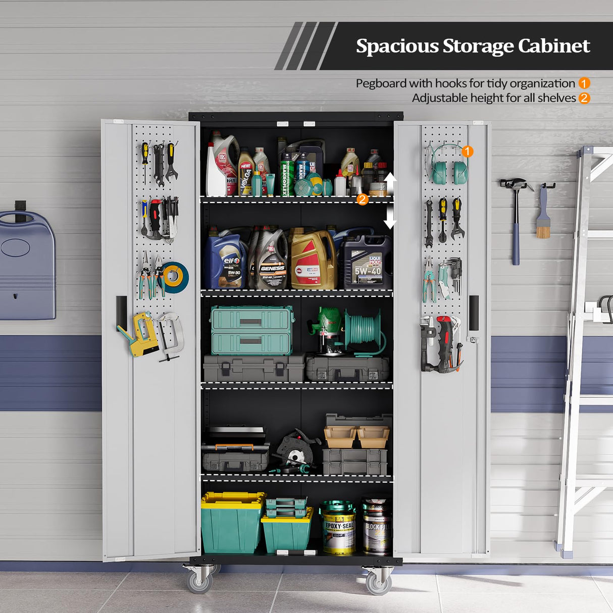 VINGLI 72'' Tall Garage Storage Cabinet, Metal Storage Cabinet with Pegboards, Wheels, Locking Doors and Adjustable Shelves (Black & Silver, 32''W x 16''D x 72''H) VINGLI