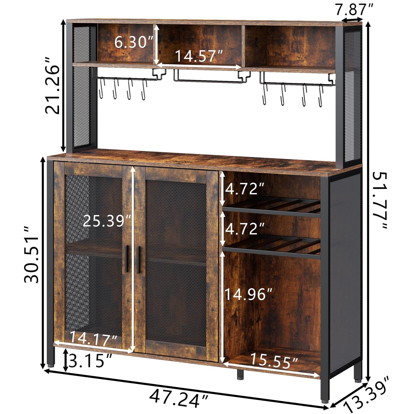 Loomie Wine Bar Cabinet with LED Lights, Industrial Coffee Bar Cabinet with 3 Storage Compartments & Wine Rack &Glass Holder,Sideboard Buffet Cabinet for Liquor and Glasses,Liquor Cabinet,Rus - WoodArtSupply