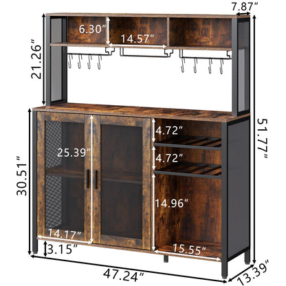 Loomie Wine Bar Cabinet with LED Lights, Industrial Coffee Bar Cabinet with 3 Storage Compartments & Wine Rack &Glass Holder,Sideboard Buffet Cabinet for Liquor and Glasses,Liquor Cabinet,Rus - WoodArtSupply