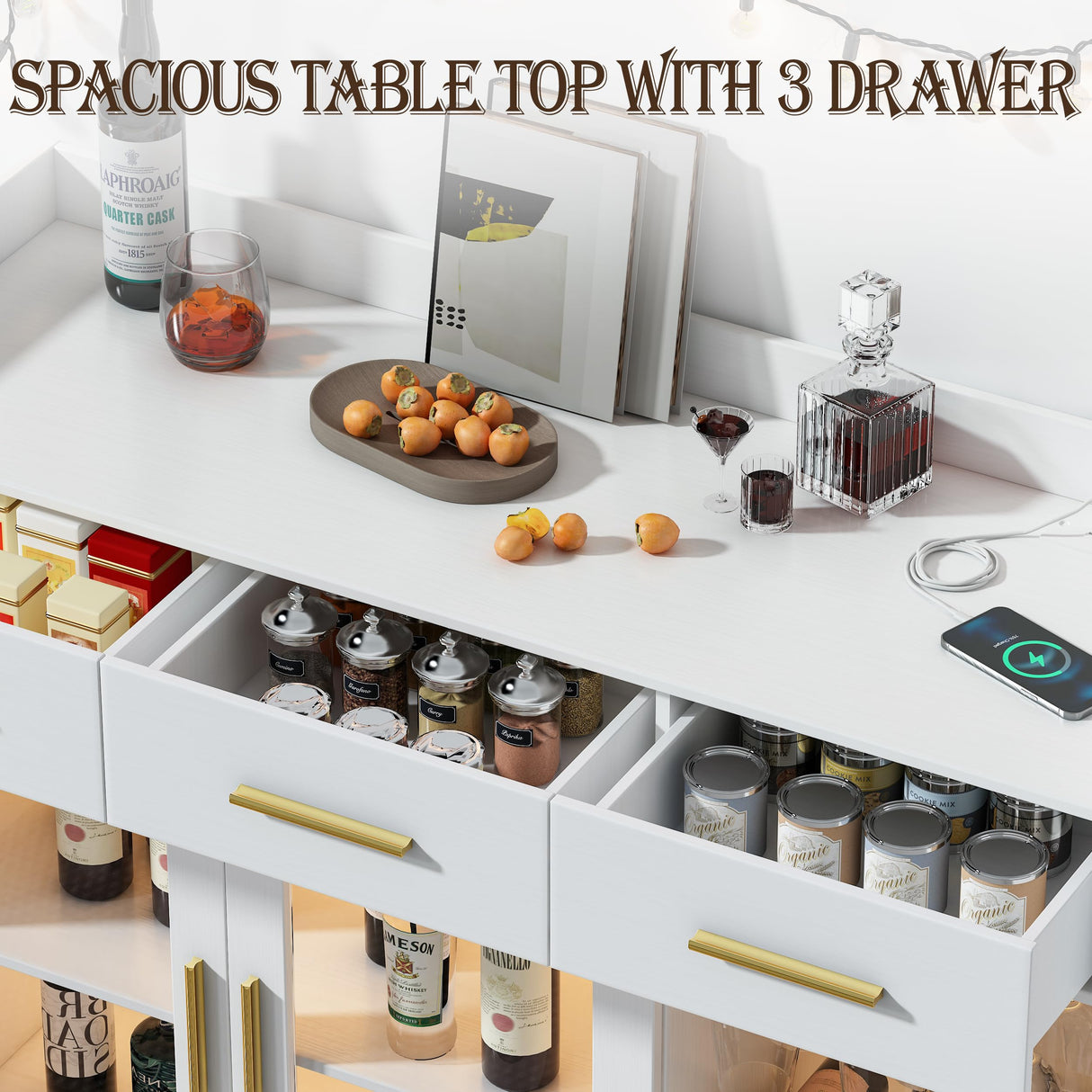 Wine Bar Cabinet with LED Strips, 47.1" Wine Cabinet with 3 Drawer and Power Outlet, Modern Liquor Cabinet with 2 Adjustable Shelves and 2 Glass Door for Living Room, Dining Room wanan