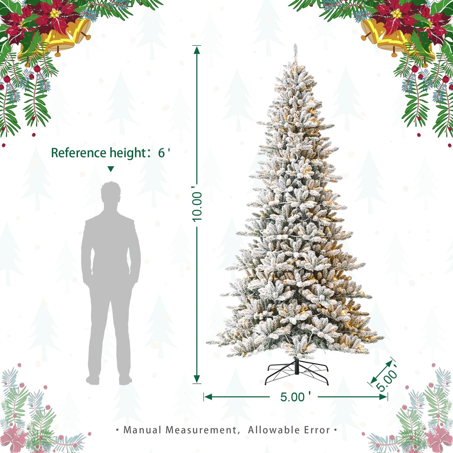 Glitzhome 10ft Pre-Lit Flocked Fir Artificial Christmas Tree with 750 Warm White Lights, Full Size Large Xmas Tree for Holiday New Year Party Home Decor