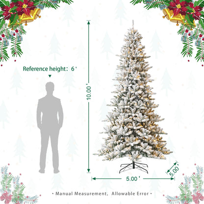 Glitzhome 10ft Pre-Lit Flocked Fir Artificial Christmas Tree with 750 Warm White Lights, Full Size Large Xmas Tree for Holiday New Year Party Home Decor