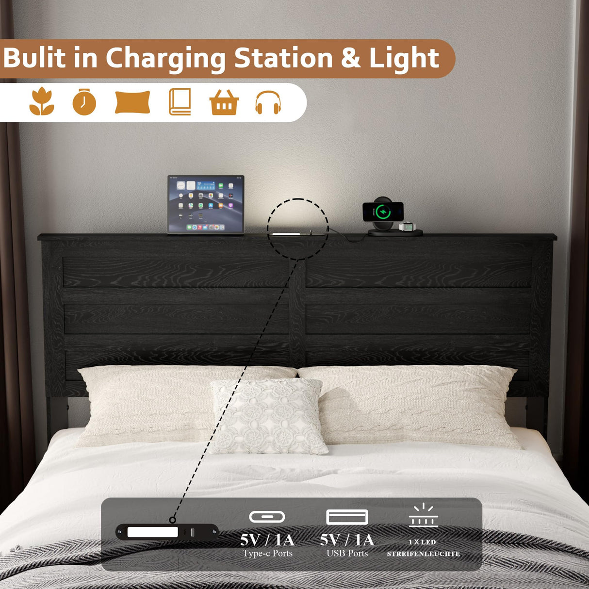 madeslves Wooden Bed Frame Queen Size with Headboard & Sliding Barn Door Storage Footboard, Farmhouse Platform Bedframe with Charging Station & Lights, No Box Spring Needed, Black madeslves