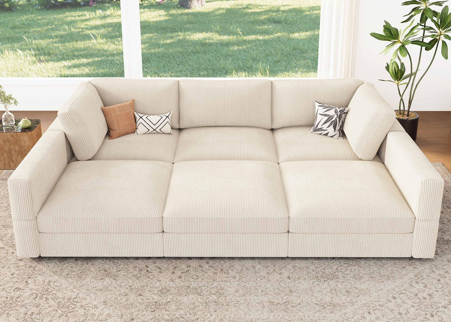 HONBAY Modular Sectional Sofa with Storage Corduroy Sectional Sleeper Sofa Modular Sectional Couches for Living Room,Beige