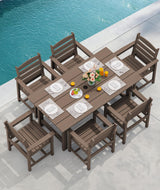 SERWALL 8-Piece Patio Dining Sets with 15FT Double Side Patio Umbrella, Outdoor HDPE Dining Furniture Set with Umbrella Hole Cut-Out Table and 6 Chairs, Coffee（Umbreall Base not Included） SERWALL