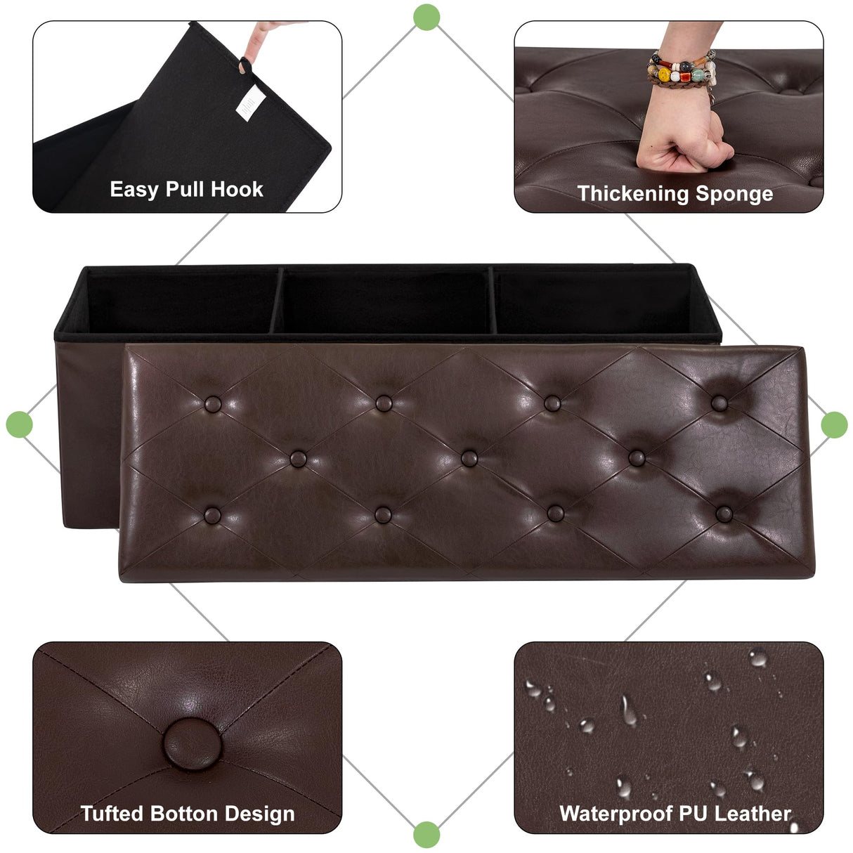 GLAXYFUR Storage Ottoman Bench, 43 Inches Folding Ottoman with 2 Dividers, PU Leather Foot Rest, End of Bed Bench, Storage Chest for Living Room, Bedroom and Entryway, Brown GLAXYFUR