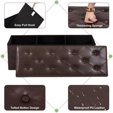 GLAXYFUR Storage Ottoman Bench, 43 Inches Folding Ottoman with 2 Dividers, PU Leather Foot Rest, End of Bed Bench, Storage Chest for Living Room, Bedroom and Entryway, Brown GLAXYFUR