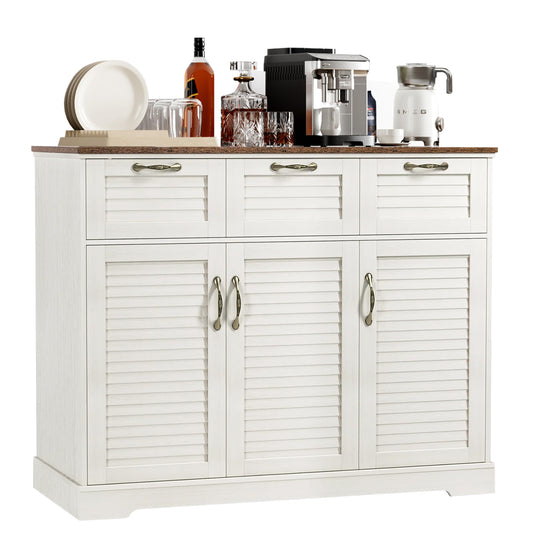 Kitchen Sideboard Buffet Cabinet with Storage, 15.7"D x 47.2"W x 35.1"H, Buffet Server Bar with 3 Shutter Doors and 3 Drawers for Wine, Coffee, Bar for Living Room, Dining Room, White Oak - WoodArtSupply