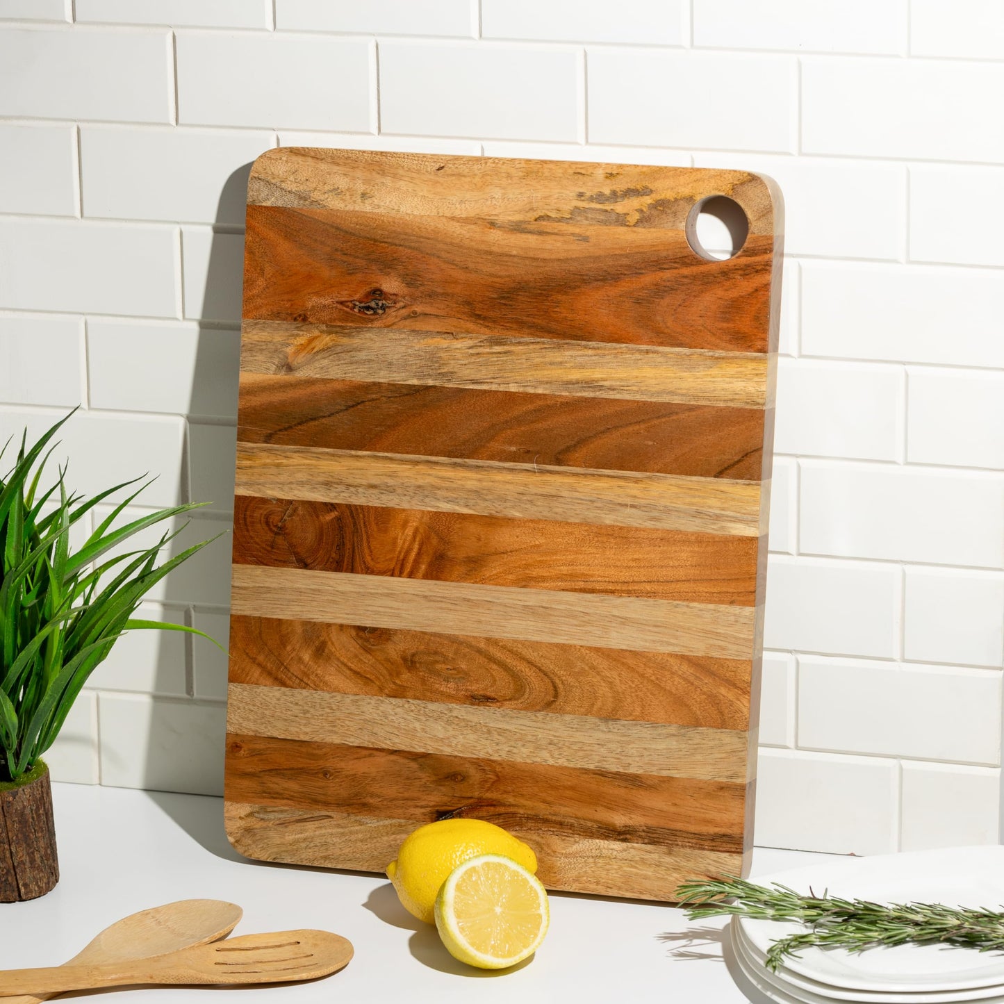 Lavauk Large Wood Butcher Block Cutting Board | 1" thick 16x12" size | Dual tone mango & acacia wood | Chopping board for meat, vegetables, fruits, BBQ | Use as Charcuterie or cheese board