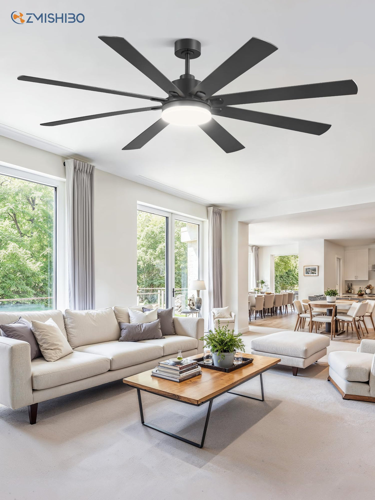 72 Inch Large Ceiling Fan with Remote, Indoor/Outdoor Industrial Ceiling Fan with Large LED Panel, Quiet Reversible DC Motor, 6-Speed, 3CCT, Black Ceiling Fans with Light for Patio, Livingroom, Garage ZMISHIBO