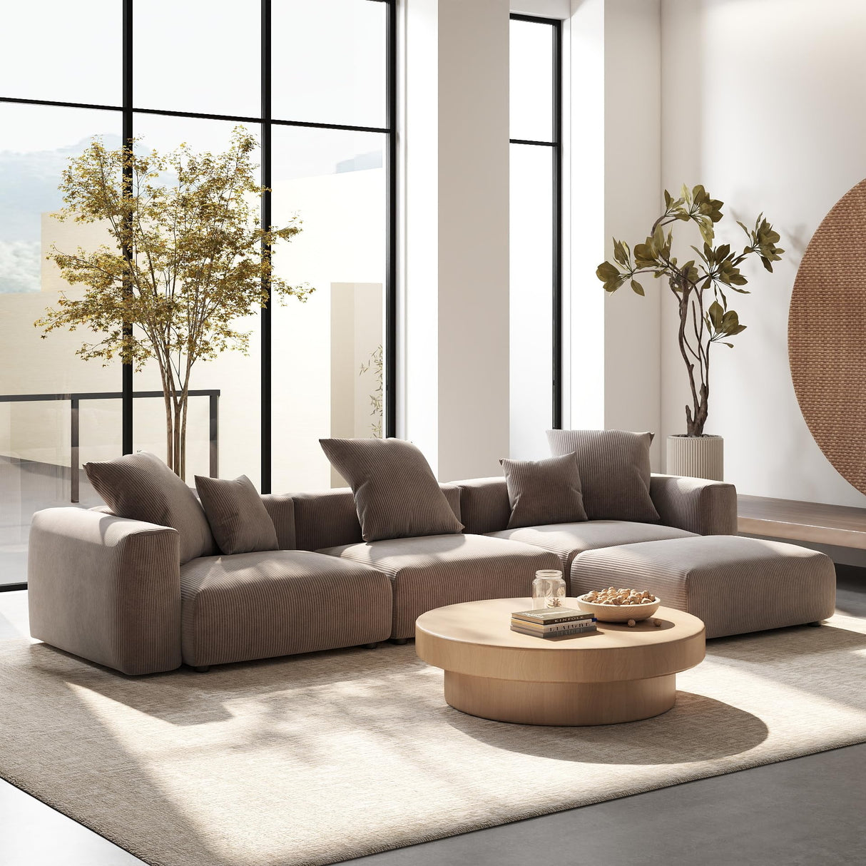 Sdorens 141.73" Modular Sectional Sofa Cloud Couch, L Shaped Sofa with Ottoman, Corduroy Couch with 5 Pillows, Oversized Corduroy Sectional Couches for Living Room, Washable Cover, Brown Sdorens