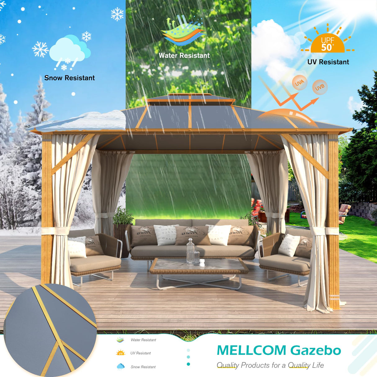 MELLCOM 10x12FT Hardtop Gazebo, Wooden Finish Coated Aluminum Patio Gazebo with Aluminum Composite Double Roof for Patio Lawn and Garden, Curtains and Netting Included MELLCOM