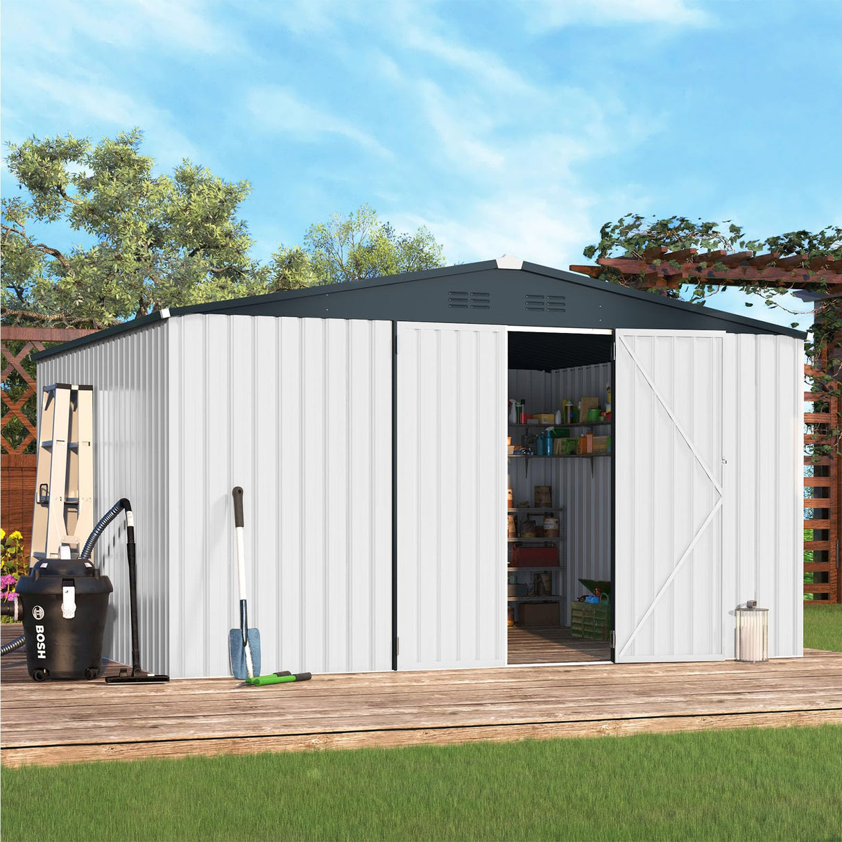 AECOJOY Shed 12' x 10' Storage Shed Large, Sheds & Outdoor Storage Clearance 10x12 Sheds with Lockable Doors, Utility and Tool Storage Shed for Garden, Backyard, Patio, Outside use in White AECOJOY