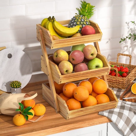 G.a HOMEFAVOR Wooden 3 Tier Fruit Basket, Brown, Pine Wood, Sturdy, Self-assembly G.a HOMEFAVOR