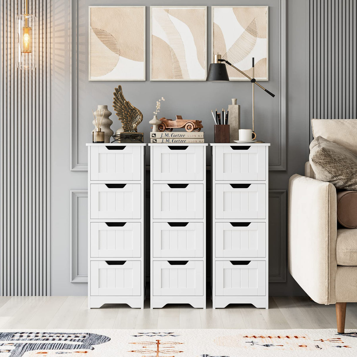 FOTOSOK Freestanding Bathroom Storage Cabinet with 4 Drawers - Compact White Organiser for Home Decor FOTOSOK